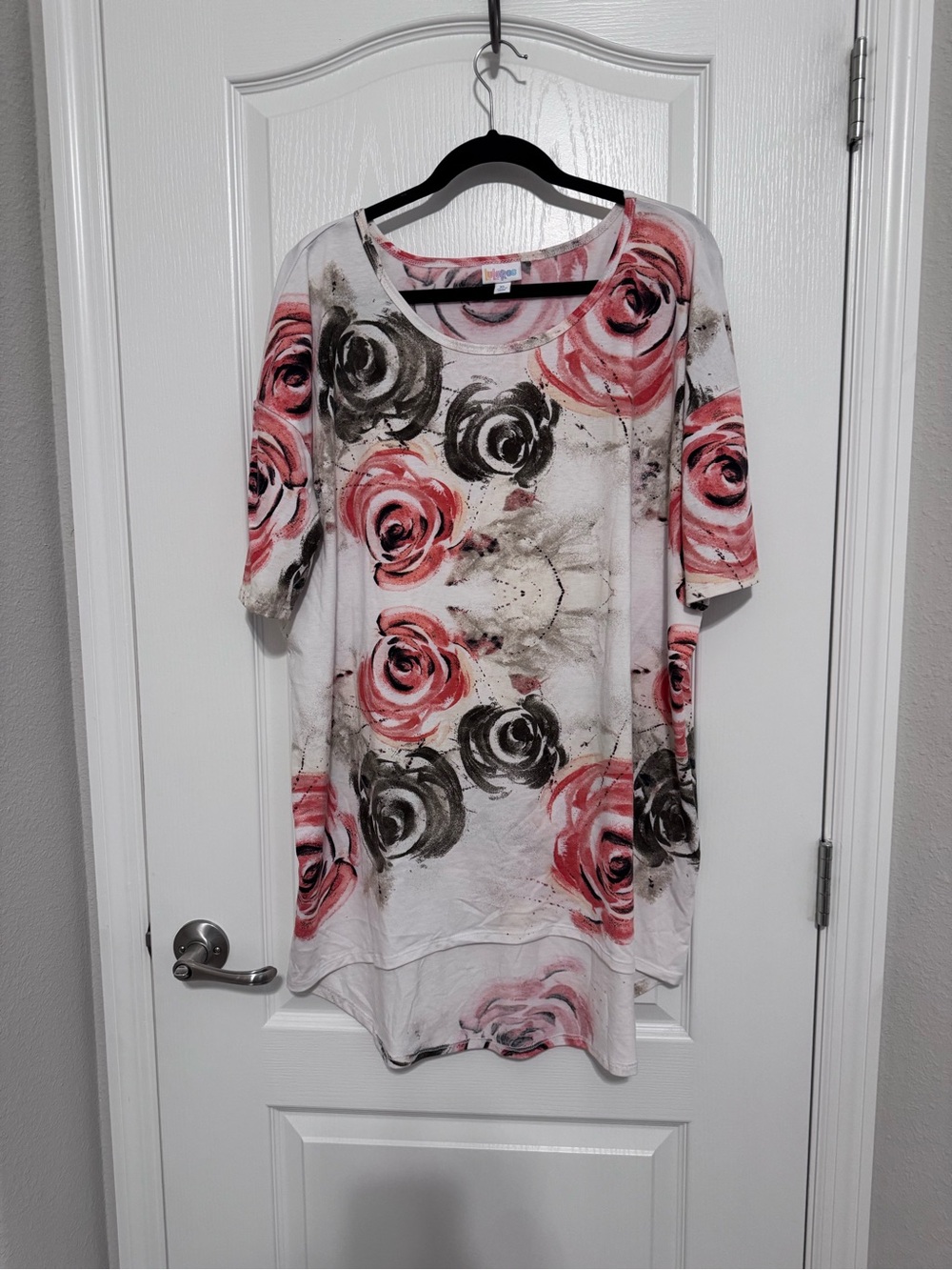 LuLaRoe Irma Rose-Print Scoop Neck Tunic in Pink, Black, and White